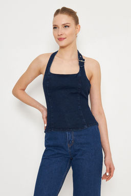 Trendyolmilla Koyu Mavi Kemer Toka Detayl? Halter Yaka Denim Bluz TWOSS25BZ00065 фото 4
