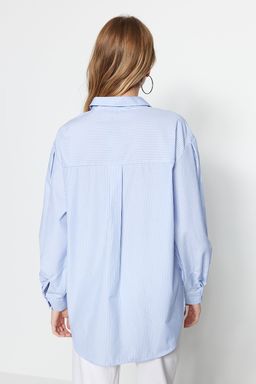 Mavi Cizgili Oversize/Genis Kal?p Dokuma Gomlek TWOSS23GO00144