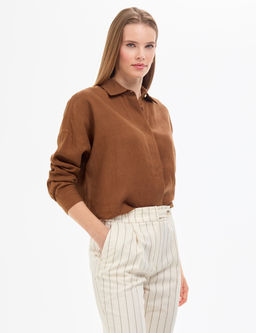 Kahverengi Oversize Uzun Kollu %100 Keten G_mlek