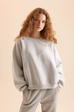 Coool Oversize Genis Kal?p Bisiklet Yaka Basic Duz Kal?n Kumas Siyah Sweatshirt - Defacto фото 3