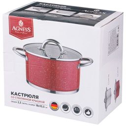 КАСТРЮЛЯ AGNESS СО СТЕКЛЯННОЙ КРЫШКОЙ, НЕРЖ.СТАЛЬ, СЕРИЯ RED MARBLE 2,5Л 18Х10,5СМ  фото 3