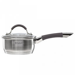 Ковш из нержавеющей стали Lira 0,9л, д14см, h6,8см, s0,5мм, дно д12см, s4мм, стеклянная жаропрочная крышка, стальной обод, пароотвод, силиконовые вставки коричневого цвета, капсулированное дно, полировка внешняя - матовая, внутренняя - матовая, мер