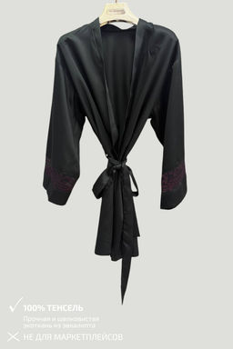 D0138 ЧЕРНЫЙ ХАЛАТ С КОРИЧНЕВЫМ КРУЖЕВОМ