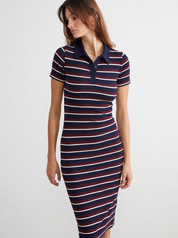 G?mlek Yaka ?izgili Bodycon Elbise