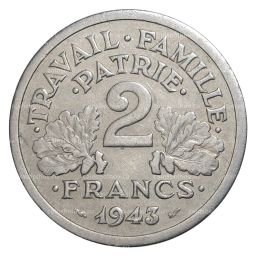 Монета 2 франка 1943 года Франция