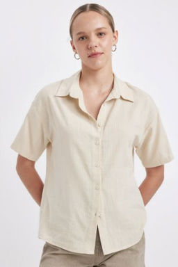 Oversize Genis Kal?p Keten Gorunumlu K?sa Kollu Gomlek