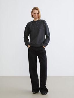 Bisiklet Yaka Ta?l? Oversize Kad?n Sweatshirt