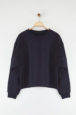 Lacivert Kusgozu Aksesuar Detayl? Bisiklet Yaka Oversize/Genis Kesim Orme Sweatshirt TWOAW26SW00038