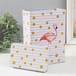 Набор шкатулок для хранения мелочей, украшений «Прямоугольная. Фламинго и золотой горох», 2 шт., металл
