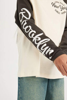 Широкая футболка оверсайз с круглым вырезом и принтом для девочек с длинными рукавами - Defacto фото 5