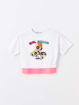 Bisiklet Yaka PowerPuff Girls Bask?l? K?z ?ocuk Crop Ti??rt
