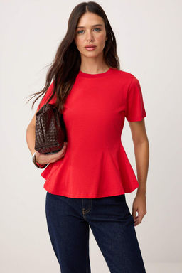 K_rm_z_ D_z Peplum Bisiklet Yaka Standart Kol K_sa %100 Pamuk _rme Bluz TWOSS26BZ00028