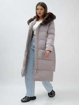 с мехом песец люкс класса Пальто зимние Бренд Visdeer, бежевого цвета  фото 20