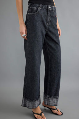 Antrasit %100 Pamuk Pa_a Ekose Detayl_ Y_ksek Bel Wide Leg Jeans TWOAW27JE00015 - Trendyolmilla фото 9
