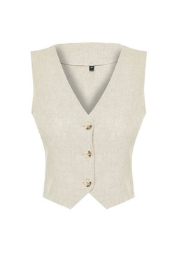 Bej Regular Pamuk Crop Keten Dokuma Yelek TWOSS24YE00024