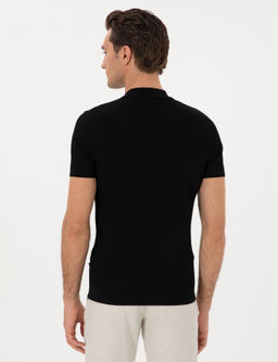 Siyah Slim Fit Fermuarl_ Polo Yaka Triko T-shirt