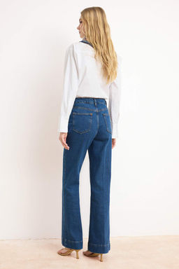 Koyu Mavi Utu Yuksek Bel Izli Az Esnek Wide Leg Jeans TWOSS26JE00191 - Trendyolmilla фото 4