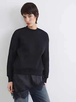 Dantel Detayl? Oversize Kad?n Kal?n Sweatshirt