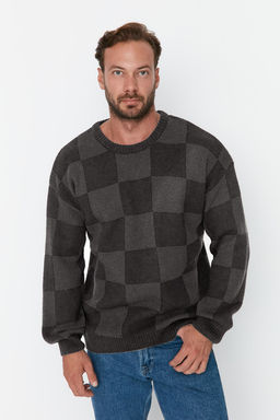 TRENDYOL MAN Lacivert Erkek Oversize Bisiklet Yaka Ekose / Kareli Triko Kazak TMNAW23KZ00279 - Trendyolmilla фото 4