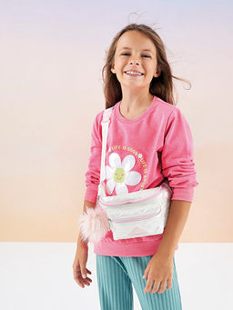 Bisiklet Yaka Bask?l? Uzun Kollu K?z ?ocuk Sweatshirt