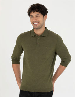 A__k Ye_il Regular Fit Polo Yaka Y_n Kar___ml_ Basic Triko Kazak