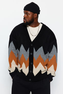 TRENDYOL MAN Siyah Buyuk Beden Oversize Fit Genis Kal?p Baklava Desenli Triko H?rka TMNAW24AV00004