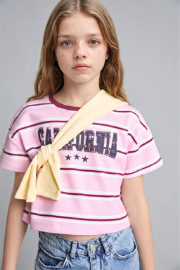 %100 Pamuk Regular Fit K_sa Kollu Bask_l_ Ti__rt K_z _ocuk