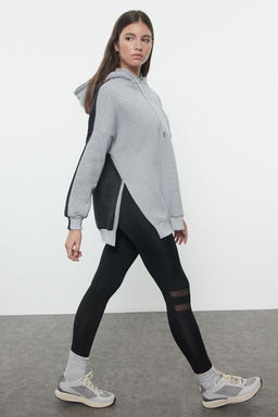 Antrasit Pamuklu Renk Bloklu Genis Kal?p Ici Polarl? Orme Spor Sweatshirt TWOSS22SW0074