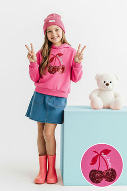 Pembe Payetli Bask?l? K?z Cocuk Orme Sweatshirt TKDAW26SW00052