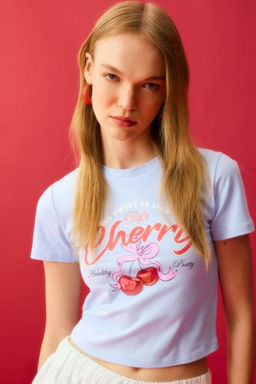 Coool Fitted Bisiklet Yaka Bask?l? K?sa Kollu Tisort