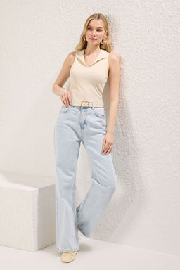Trendyolmilla Haki Polo Yaka Fitilli Fitted/Vucuda Oturan Esnek Orme Bluz TWOSS25BZ00408