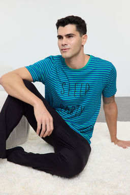 TRENDYOL MAN Saks Cizgili Regular Fit Orme %100 Pamuklu Pijama Tak?m? TMNAW25PT00020 - Trendyolmilla фото 7