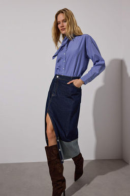 Limited Edition Koyu Mavi Asimetrik Kapama Midi Denim Etek TWOAW26ET00063