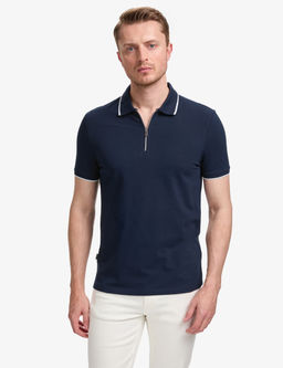 Lacivert Slim Fit %100 Pamuk Fermuarl_ Polo Yaka Ti__rt