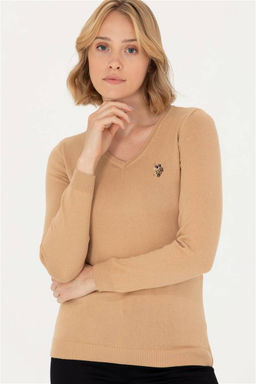 U. S. Polo Assn Женский базовый свитер песочного цвета с v-образным вырезом - U.s. polo assn фото 10
