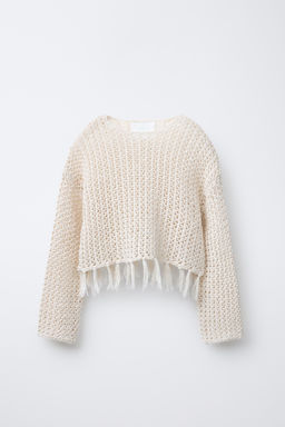 FRINGED MESH KNIT SWEATER