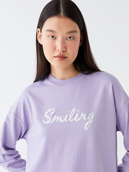 Bisiklet Yaka Bask?l? Uzun Kollu Oversize Kad?n Sweatshirt Tunik