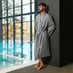 Халат вафельный мужской удлинённый Экономь и Я размер 50-52, цвет серый, 100% хлопок, 200 г/м²