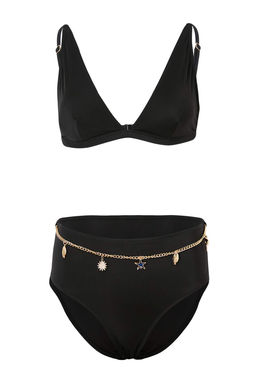Siyah Ucgen Kapl? Zincir Charm Aksesuarl? Yuksek Bel Regular Bikini Tak?m? TBESS26BT00104