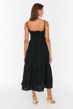 TRENDYOLMILLA Siyah Kemerli Volanl? Skater/Belden Ac?lan Midi Dokuma Elbise TWOSS21EL1929 фото 10