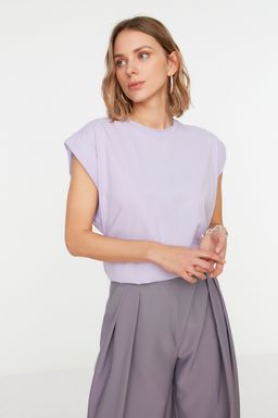 Lila %100 Pamuk Vatka Gorunumlu Basic Bisiklet Yaka Orme T-Shirt TWOSS20TS0021