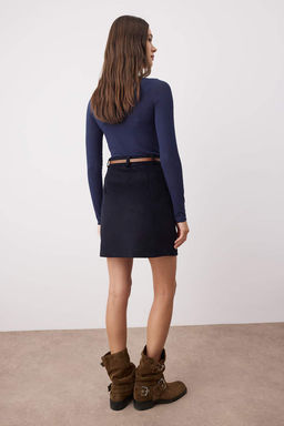 Lacivert Kemerli A-Line/Can Dokuma Fitilli Kadife Mini Etek TWOAW26ET00109 - Trendyolmilla фото 4