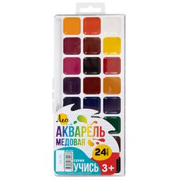 Краска акварель Лео Учись медовые, без кисти в пластиковой упаковке с европодвесом LNW-0124 24 цв