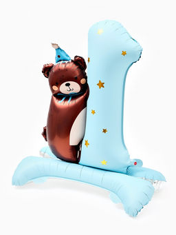 Цена за 2 шт. Воздушный шар фольгированный 32" "Цифра 1 с мишкой"  цвет голубой, под воздух