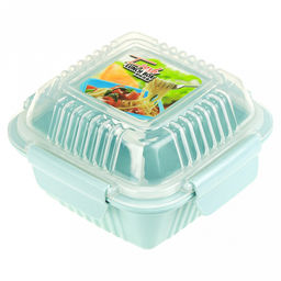 Ланч-бокс для продуктов пластмассовый Фреш 0,55л, 14х14см h8,5см, с ложкой 13см, крышка прозрачная, с клипсами, с уплотнителем, цвета в ассортименте: персиковый, голубой, зеленый (Китай)