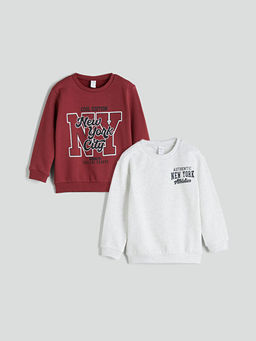 Bisiklet Yaka Bask?l? Erkek ?ocuk Sweatshirt 2li