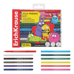 АКЦИЯ Цена за 24 шт. Цветные маркеры акриловые ErichKrause Slim Jolly Friends с пулевидным наконечником 12 цветов (в ПЭТ-боксе с европодвесом 12 шт)