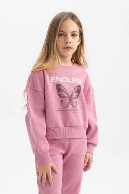 K?z Cocuk Relax Fit Bisiklet Yaka Bask?l? Kal?n Sweatshirt