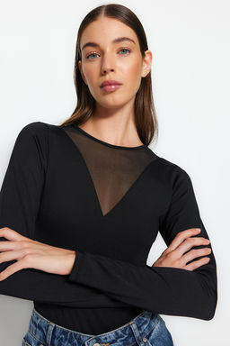 Siyah Bisiklet Yaka Tul Dekolteli Alttan C?tc?tl? Esnek Orme Body TWOAW24BD00012