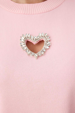 Trendyolmilla Ekru Kalp Cut Out/Pencere Detayl? Tasl? Triko Bluz TWOSS25BZ00541